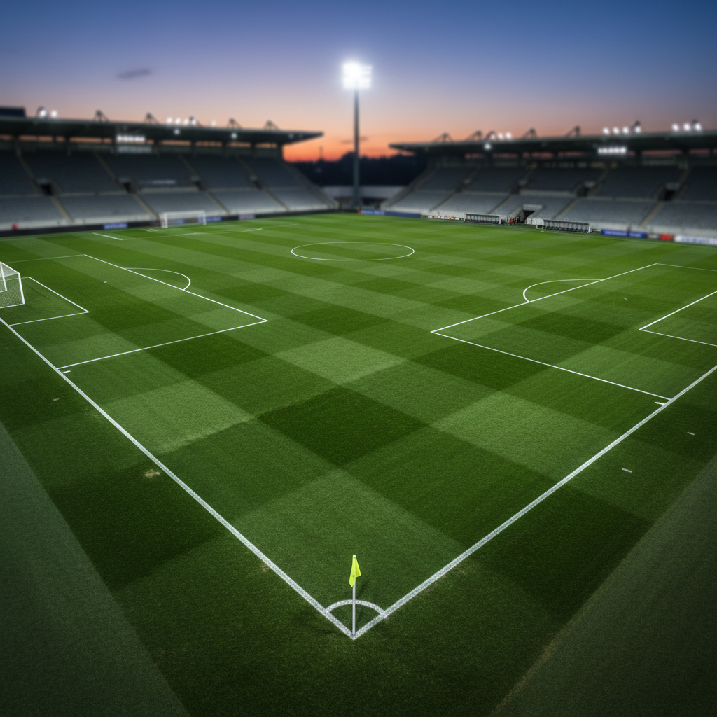 A perfectly manicured soccer pitch seen from a high, slightly elevated angle at twilight, the lush green grass precisely mowed into alternating light and dark stripes. White tactical lines for penalty areas, half-way line, and center circle are crisp and bright, highlighted by powerful stadium floodlights that cast long, dramatic shadows toward the corners. The distant goals, corner flags, and technical areas are clearly visible, while the background fades into a soft bokeh of empty stands. The photographic realism emphasizes texture in the turf and paint, creating a calm yet anticipatory atmosphere, ideal for illustrating pre-match tactical setups or formation analysis on a professional football analysis blog.