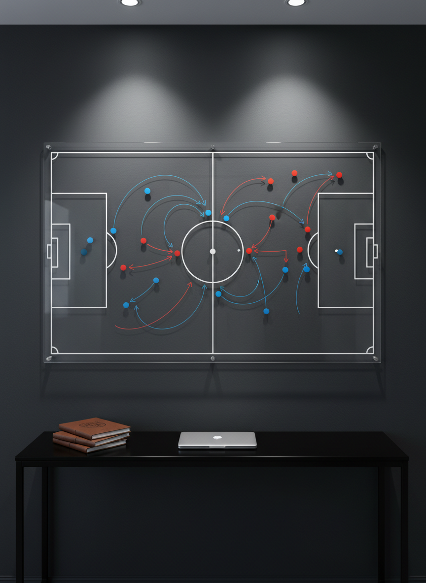 A pristine tactical whiteboard mounted on a dark charcoal wall, covered with meticulously drawn soccer formations in red and blue magnetic markers, small circular magnets indicating players and arrows showing intricate passing patterns. The board stands above a sleek black console with neatly stacked match notebooks and a single, closed silver laptop. Soft, diffused studio lighting from above creates gentle reflections on the whiteboard surface and subtle shadows from each magnet, emphasizing depth and structure. Photographed at eye level with sharp focus throughout, the composition is clean and balanced, evoking a professional, analytical atmosphere suited for high-level football strategy discussions in a modern, minimalist coaching office.