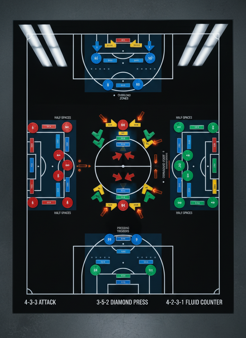A top-down, photographic view of a glossy black tactics board table featuring magnetic tiles shaped like different soccer formations: 4-3-3, 3-5-2, 4-2-3-1, each precisely aligned on a printed pitch diagram. Each tile is color-coded and etched with small numbers indicating player roles, while translucent overlays highlight half-spaces, overload zones, and pressing triggers. Cool, balanced studio lighting from above reveals every line and texture, creating faint, crisp shadows under each tile. The composition is symmetrical, with the central formation dominating the frame, evoking a methodical, academic mood that visually supports deep tactical breakdowns and formation comparisons on a professional analysis site.